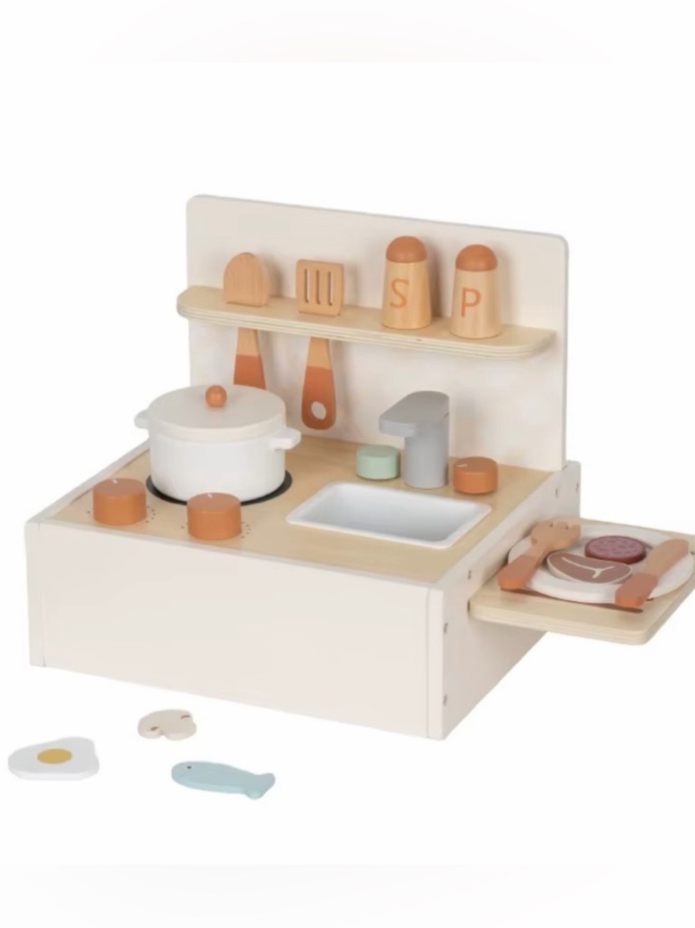 Wooden Toy Kitchen Playset in White and Light Wood